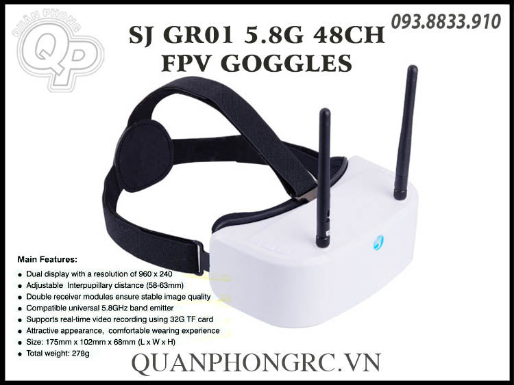 Kính SJ RG01 5.8G 48CH Dual Displays Diversity FPV Video Goggles (Có lưu  thẻ nhớ)